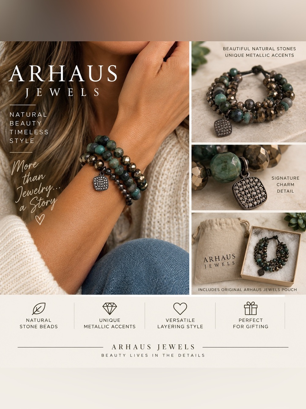 Arhaus Jewels collection. Green and Metallic Beaded Bracelet Set with Charm
